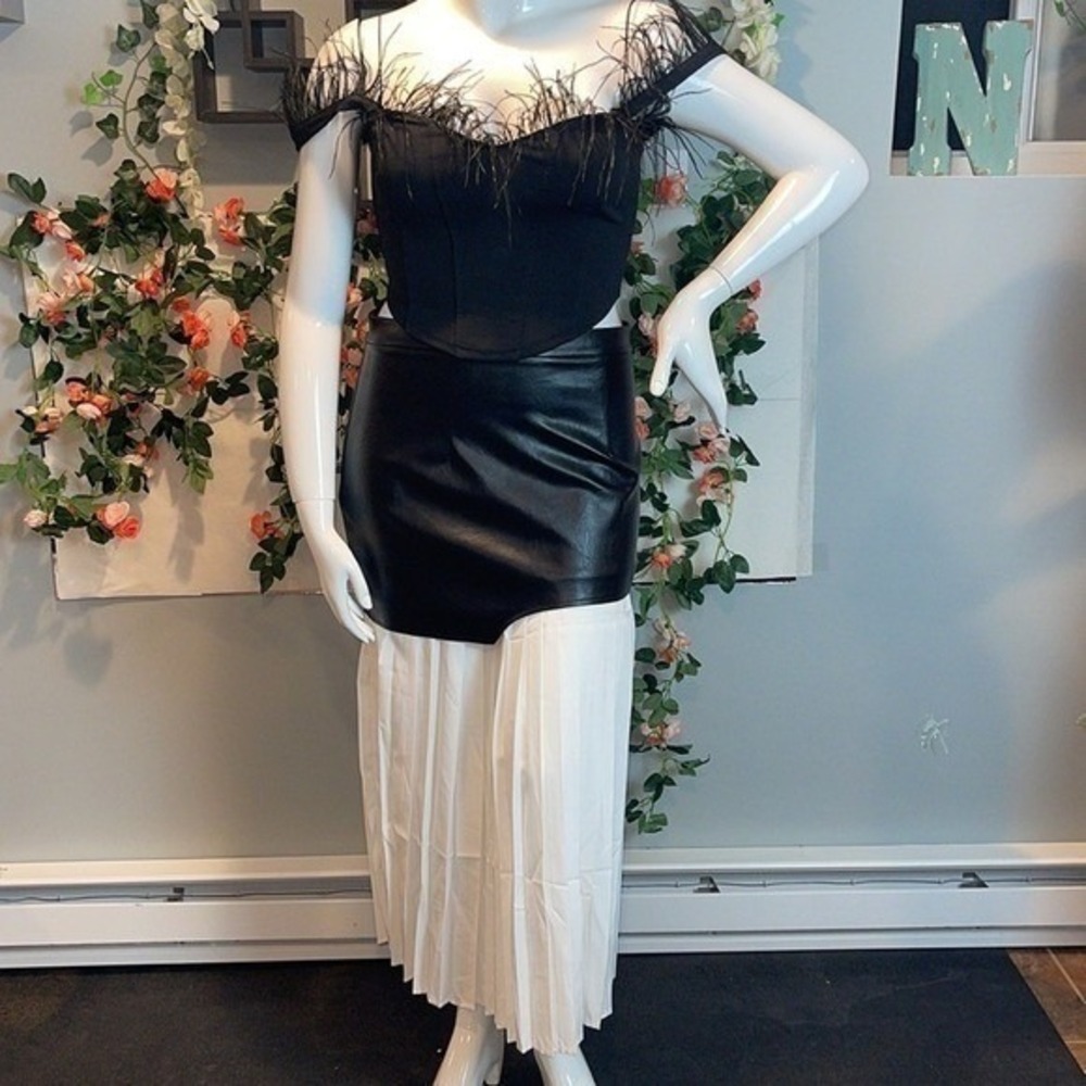 Commense Asymmetric Patchwork Faux Leather & Chiffon Pleated Maxi Skirt L NEW - Picture 10 of 14